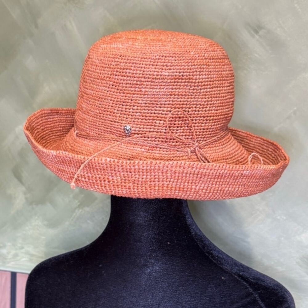 Helen Kaminski Provence 10 Raffia Crochet Hat Orange Brown One Size